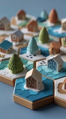 Miniature houses and trees on hexagonal tiles, a small diorama.