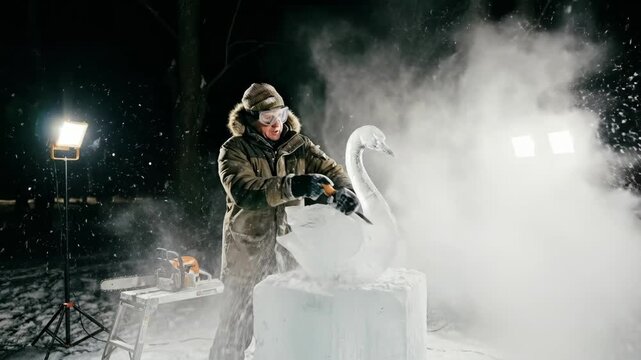Artist carefully shaping a beautiful swan ice sculpture from a large block of ice with a chisel, generating ice chips in the bright light of floodlights outdoors at night during winter