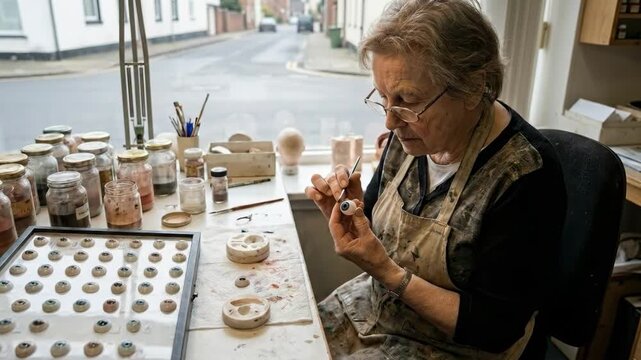 Woman artisan meticulously painting a prosthetic glass eye, skillfully crafting the intricate details to match natural human eyes, surrounded by her tools and materials in her workshop