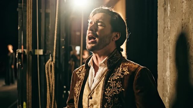Male opera singer wearing an elegant period costume warming up his voice backstage in a theater, preparing to perform during a dramatic and intense stage production