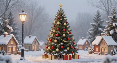 Obraz premium Cozy Winter Village Scene with Decorated Christmas Tree