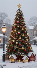 Snowy Christmas Village Scene with Decorated Tree and Lamppost