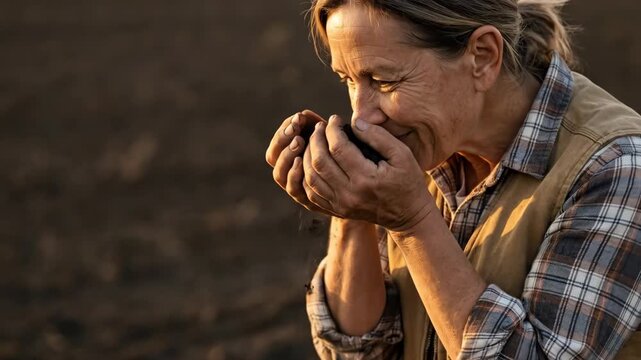 Smiling woman farmer sifts rich, fertile soil through her hands in a sunlit field, symbolizing sustainable organic farming, connection to nature and hopeful harvests