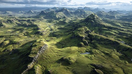 Aerial view of the green landscape in Iceland