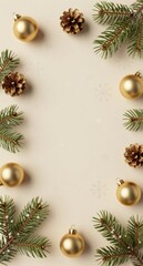 Elegant Christmas Background with Pine Branches and Gold Ornaments