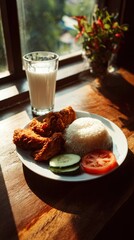 Fried chicken, rice and vegetables with a drink nearby.