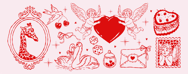 Naklejka na ściany i meble Hand-drawn Valentine illustration set with Cupid angels, bows, hearts, doves, giraffe, love letters, swan and dices. Romantic vintage sketch style for cards, stickers and holiday designs