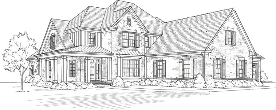 Detailed architectural line drawing sketch of a large traditional two story brick home with multiple gables and a welcoming front porch