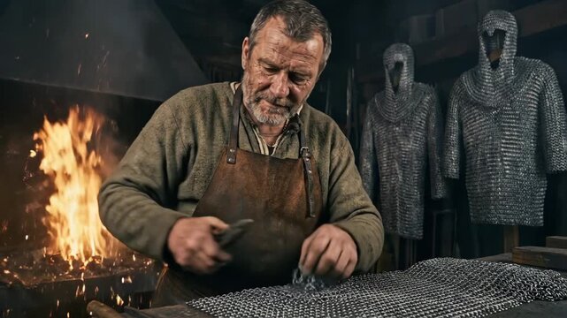 Experienced medieval craftsman assembling chain mail using pliers, carefully linking metal rings to create body armor in his traditional forge workshop