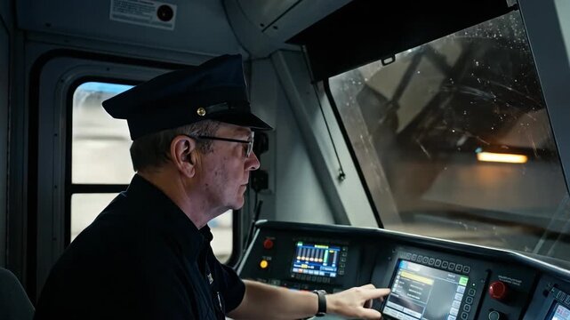Professional train engineer wearing a cap and glasses, looking forward while operating the control panel inside a modern train cabin, ensuring safe and efficient rail transportation