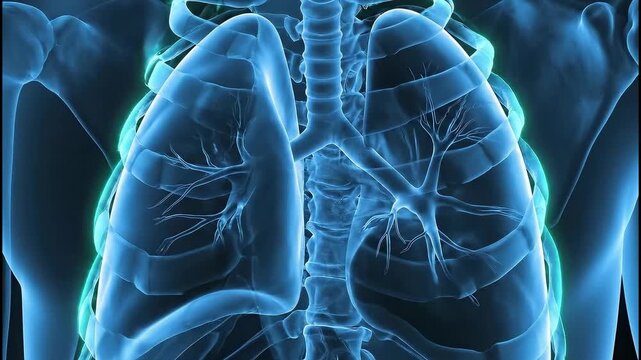 Human Respiratory System XRay Scan with Lungs and Ribcage in Blue Light.