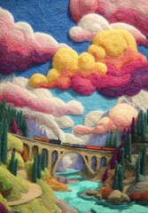 Colorful Train Passing Over a Bridge