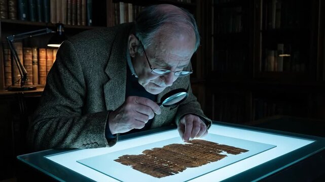 Senior scholar studies ancient parchment on a light table, using a magnifying glass in a dim, book-lined archive, focused on deciphering historical text and preserving heritage