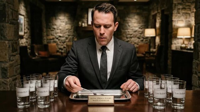 Water sommelier in a suit performing a critical tasting of various mineral waters, evaluating their unique characteristics and specific compositions in a refined setting