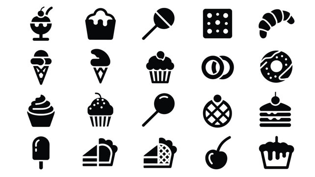 Collection of black silhouette icons depicting various sweet desserts and treats