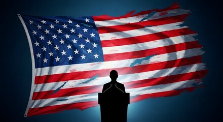 Silhouette of a statue in front of a waving american flag