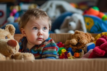 Curious baby lying in cardboard box, surrounded by colorful toys and teddy bears, exploring playtime with wonder