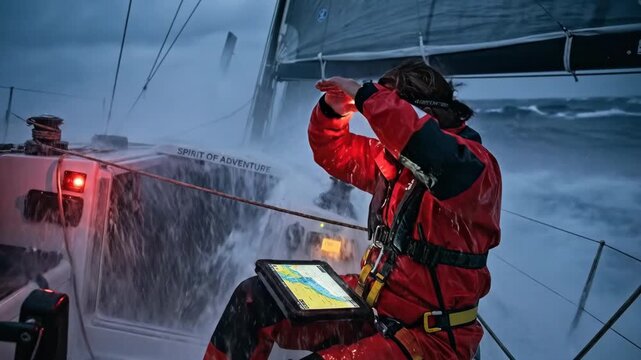 Woman wearing a headlamp and foul weather gear navigating a sailboat in rough dark waters, checking her route on a digital tablet displaying a nautical chart
