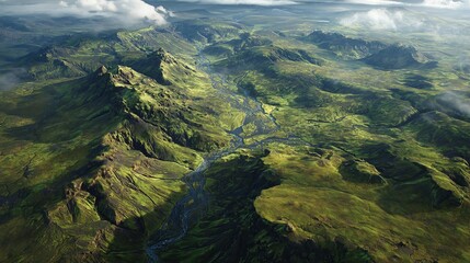 Aerial view of the green landscape in Iceland
