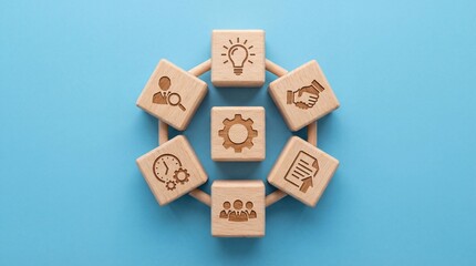 Business Wooden Cubes Setting, Setup Icons Representing Strategy, Innovation, Partnership, Workflow, Planning, Teamwork and Process and Time Management Concept.