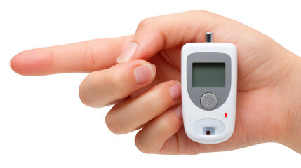 Open hand demonstrating a portable pulse oximeter device, showcasing its compact size and user friendly design against a transparent background
