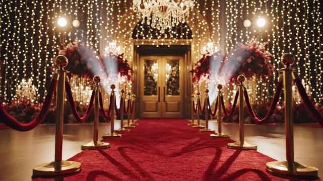 Red carpet entrance leading to elegant doors with stanchions, shining lights, and floral decorations for luxurious event.