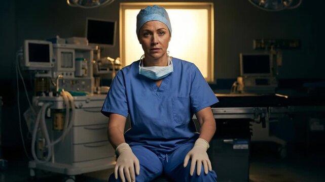 Female surgeon wearing blue scrubs, cap, and gloves, with a face mask pulled down, sitting in a dark operating room looking tired and serious after a long shift