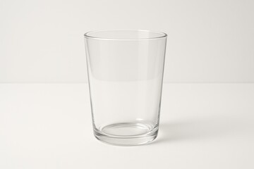 Clear glass cup placed on a plain white surface, showing empty space and simplicity in design for daily use