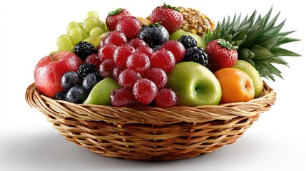 Vibrant Fruit Bounty: An artistic arrangement of assorted fresh fruits bursts forth from a rustic wicker basket, showcasing nature's vibrant spectrum and deliciousness.