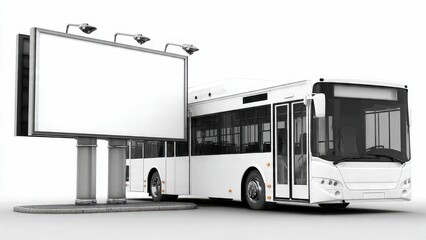 Blank advertising billboard near a modern white city bus, isolated on a white background. Front view 3D rendering for urban marketing and public transport promotion mockup template.