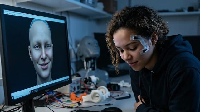 Young woman smiling while interacting with a computer monitor displaying an avatar mirroring her facial expressions, electrodes detecting her muscle movements for an ai experiment in a lab