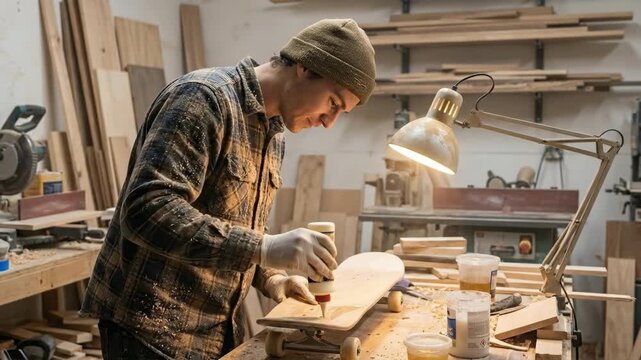 Woodworker carefully applying wood glue to a custom-made skateboard deck, meticulously handcrafting the item on a workbench in a dusty workshop environment