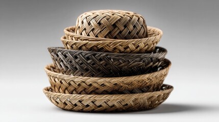 Obraz premium Artisanal Woven Baskets: A stack of intricately woven baskets, showcasing the beauty of craftsmanship and natural materials. Each basket reveals a unique texture and design.