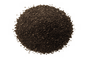 Pile of dark brown granular soil or compost on a transparent background for gardening and agriculture concepts