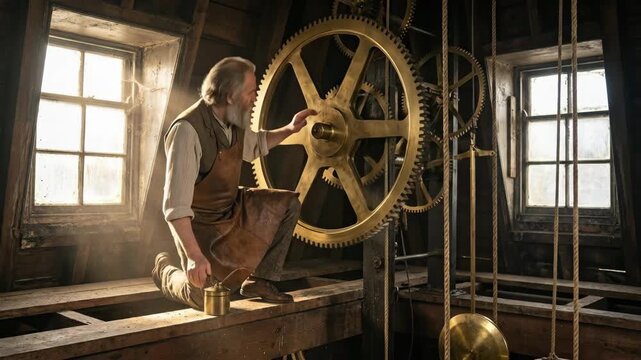 Experienced senior clockmaker lubricating large brass gears and intricate clock tower mechanism in a dusty attic workshop, highlighting precision, traditional craftsmanship and restoration expertise
