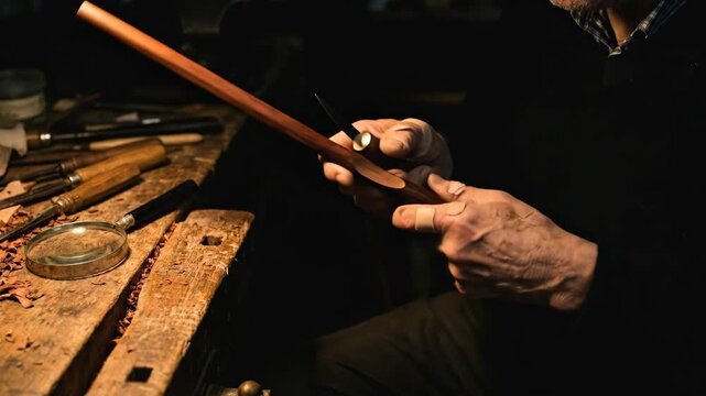Craftsperson meticulously shaping a wooden violin bow by hand on a rustic workbench, demonstrating dedication and traditional skill in a dimly lit studio environment