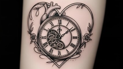 Heart and clock fusion tattoo, clock face inside a stylized heart outline with small floral accents, elegant and emotional