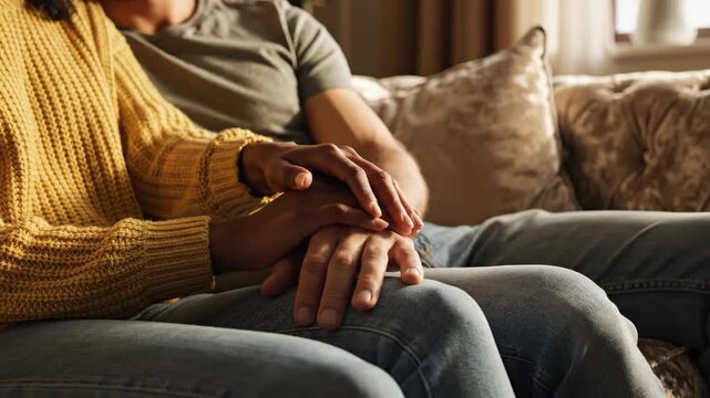 Woman and man holding hands on couch, concept of close relationship support, comfort, and togetherness
