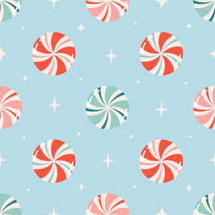 Seamless pattern with cute candies. Perfect for banner, wallpaper, wrapping paper, background, card, poster. Vector illustration