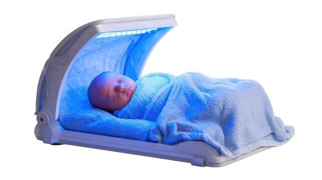 Newborn baby peacefully sleeping under bili lights in a specialized orange incubator designed for effective jaundice treatment, featuring a transparent background for easy use