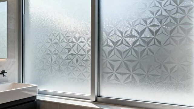 Applying decorative frosted privacy film on bathroom window combining aesthetic appeal with functional light filtering and seclusion.