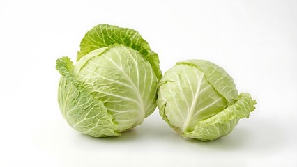 Fototapeta premium Two fresh green cabbages resting on a clean white background showcasing crisp texture and vibrant healthy vegetable produce ready for cooking