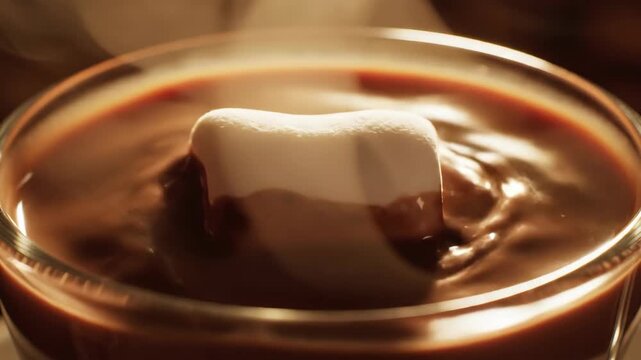 Marshmallow splashing into hot chocolate with ripples, then slowly melting in a mug. Sweet beverage preparation for a warm holiday drink.