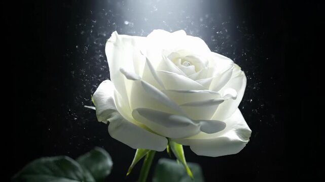 Ethereal 4K Slow Motion White Rose Rotating with Sparkling Water Drops on Dark Background