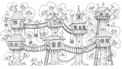 Fototapeta premium Intricate treehouse village in a dense magical forest vector sketch