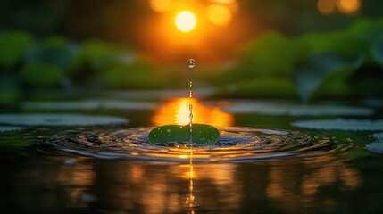 Water droplet impacting lily pad at sunset