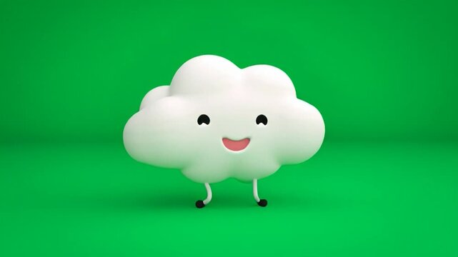 Cute 3D Cartoon Cloud Character Gently Bobbing on Green Background, Animated Illustration, Front View, Playful Design