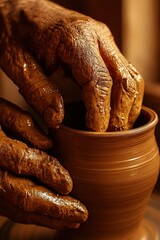 Close-up of hands crafting clay pottery

