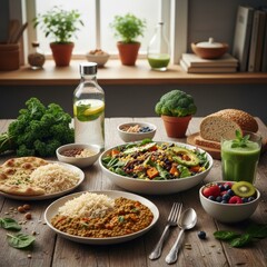 Healthy plant-based meal on rustic table

