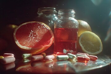 Citrus Fruits and Medicine on Table